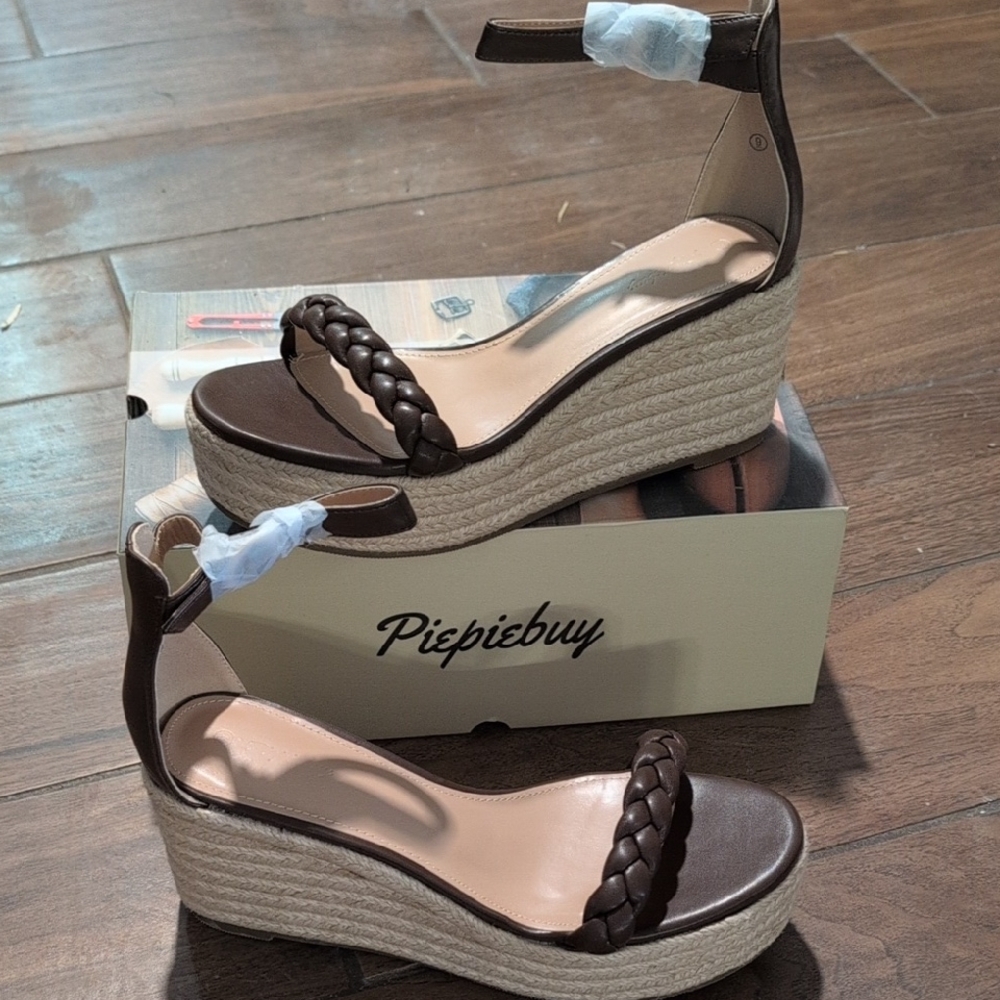 NWT Piepiebuy 9 Women's Brown Wedge Sandals Espadrille Heels